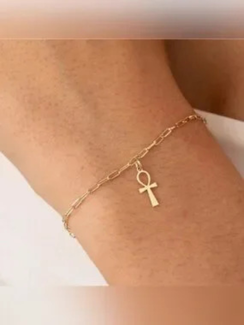Gold Plated Stainless Steel Ankh Paperclip Bracelet